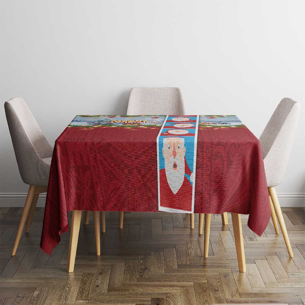 Merry Christmas Tablecloth Funny Santa Claus Cards Photo and Polynesian Pattern Red Color