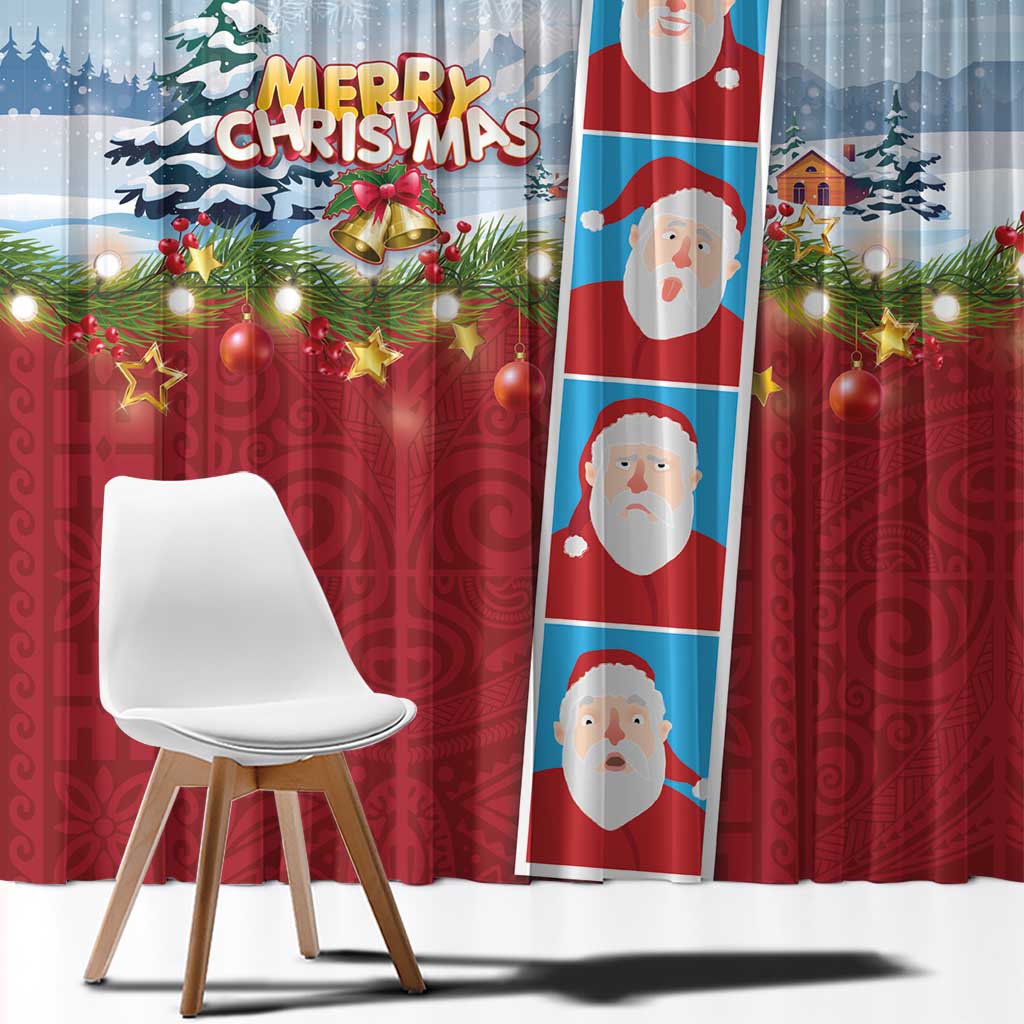 Merry Christmas Window Curtain Funny Santa Claus Cards Photo and Polynesian Pattern Red Color