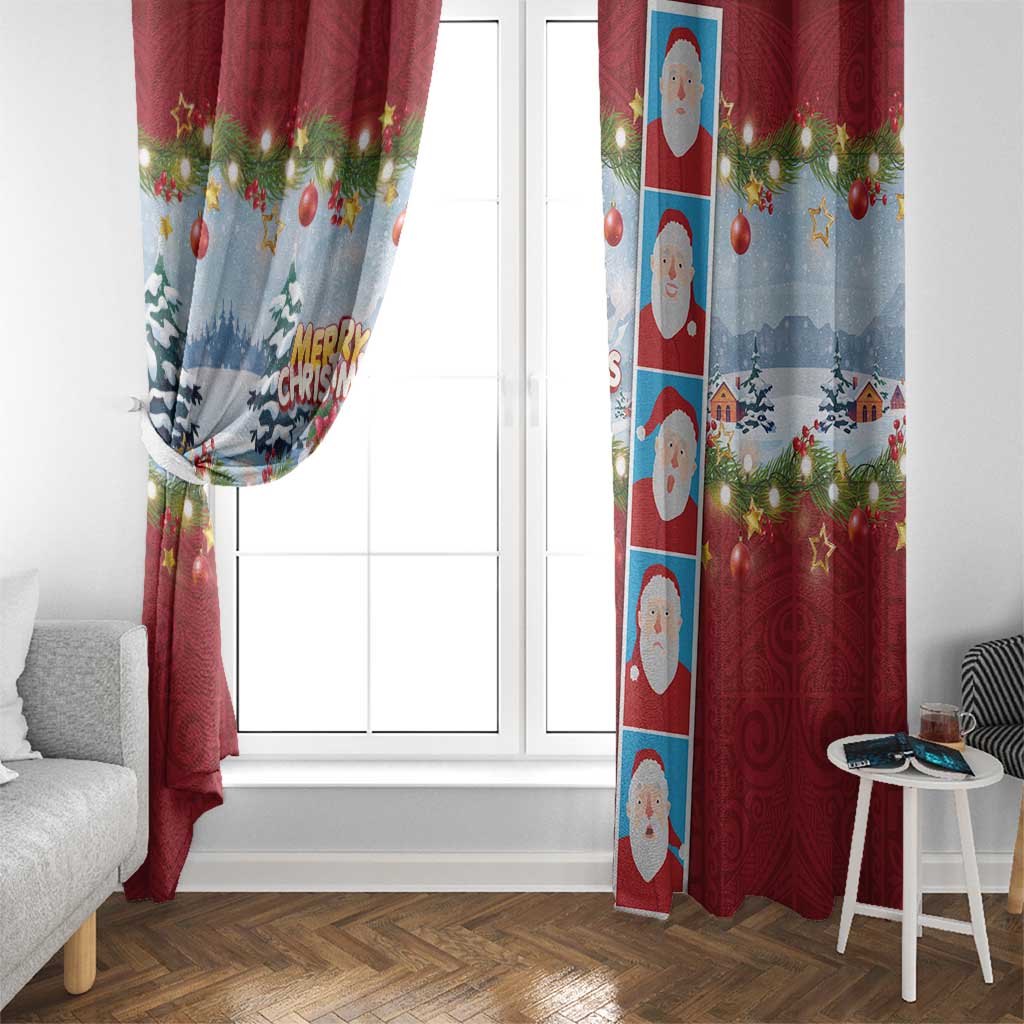 Merry Christmas Window Curtain Funny Santa Claus Cards Photo and Polynesian Pattern Red Color