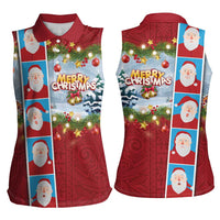 Merry Christmas Women Sleeveless Polo Shirt Funny Santa Claus Cards Photo and Polynesian Pattern Red Color