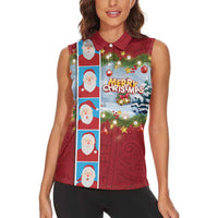 Merry Christmas Women Sleeveless Polo Shirt Funny Santa Claus Cards Photo and Polynesian Pattern Red Color
