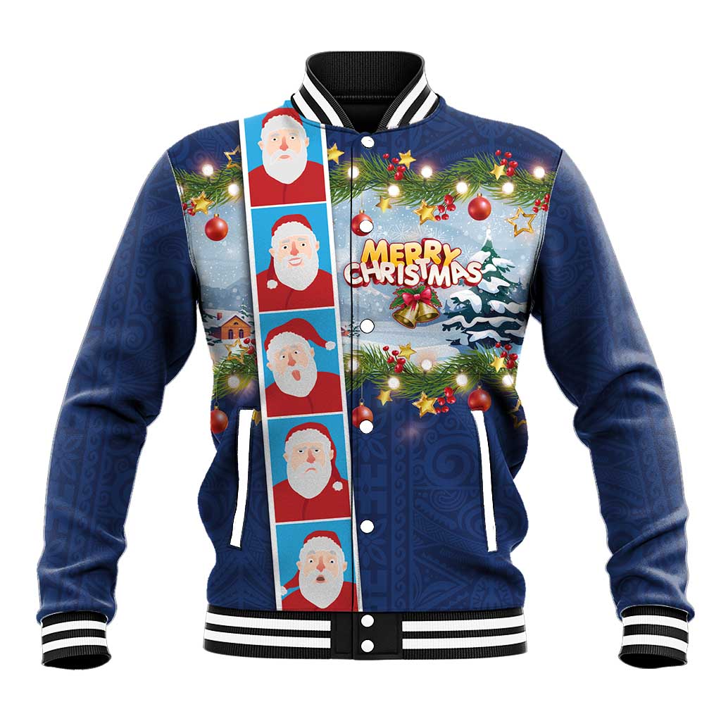 Merry Christmas Baseball Jacket Funny Santa Claus Cards Photo and Polynesian Pattern Blue Color