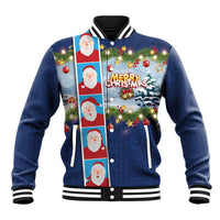 Merry Christmas Baseball Jacket Funny Santa Claus Cards Photo and Polynesian Pattern Blue Color