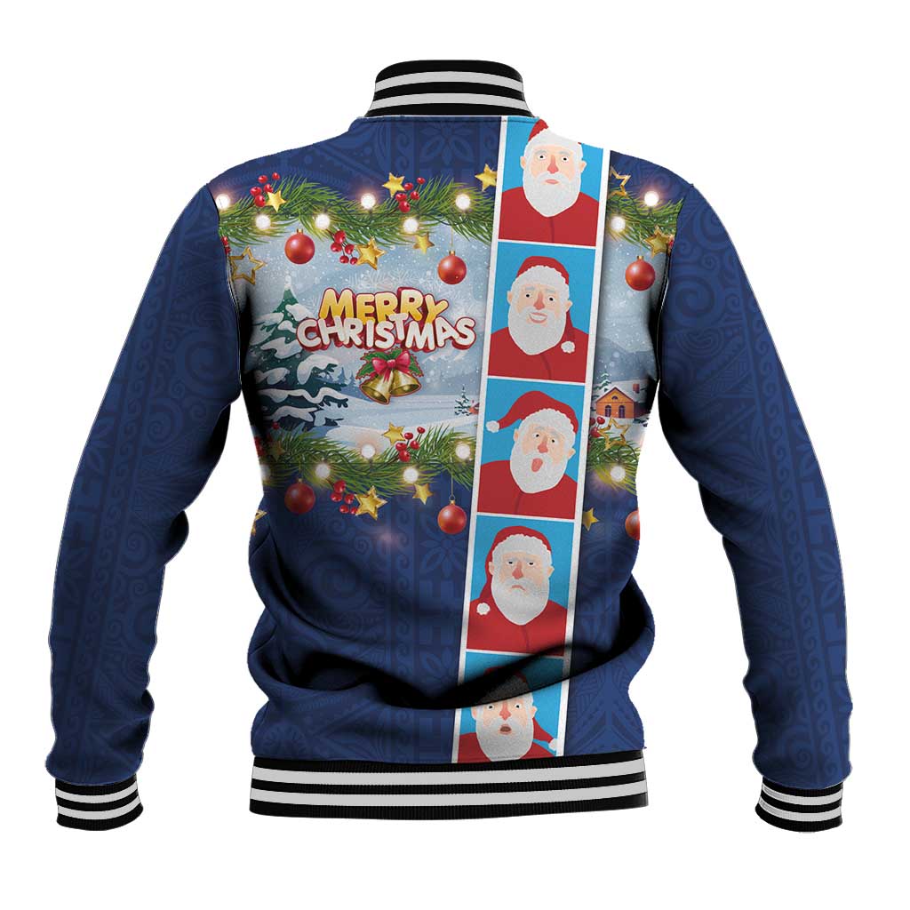 Merry Christmas Baseball Jacket Funny Santa Claus Cards Photo and Polynesian Pattern Blue Color