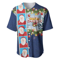 Merry Christmas Baseball Jersey Funny Santa Claus Cards Photo and Polynesian Pattern Blue Color LT03 Blue - Polynesian Pride