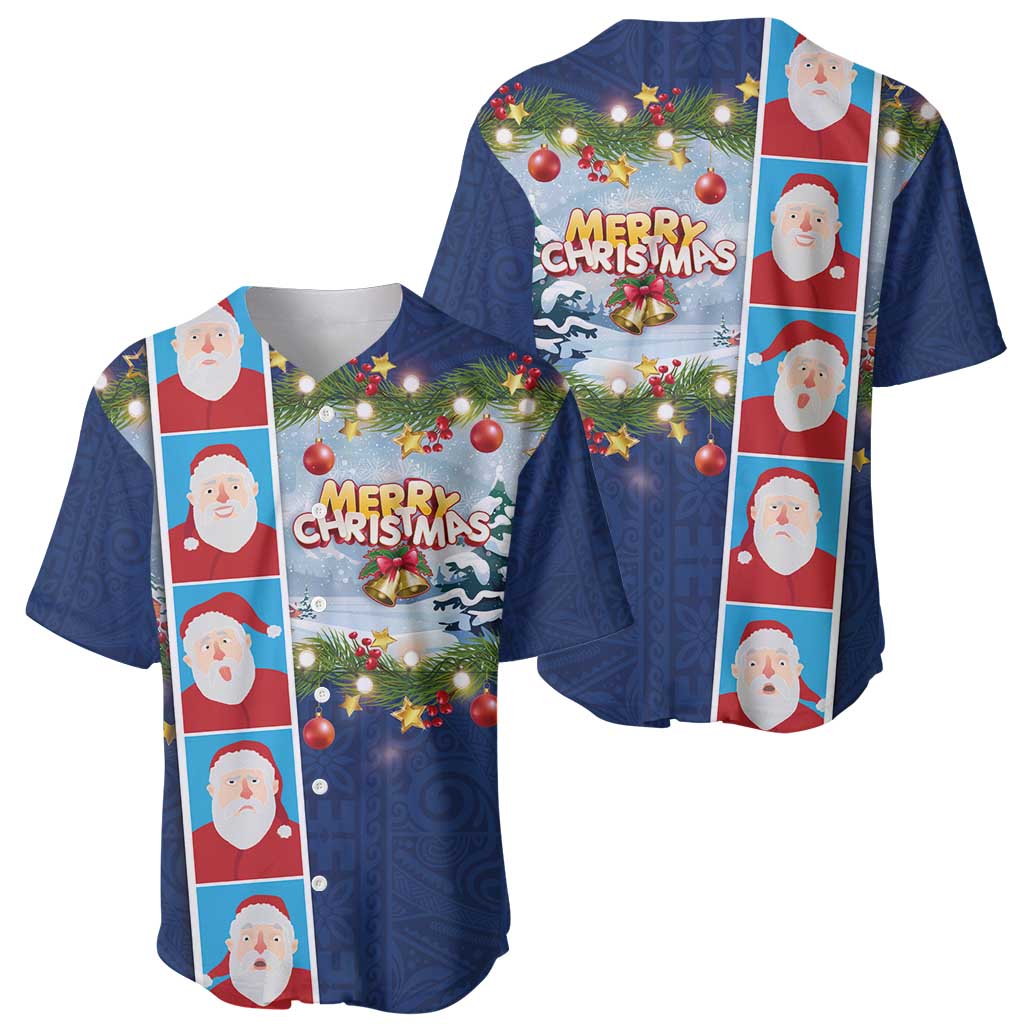 Merry Christmas Baseball Jersey Funny Santa Claus Cards Photo and Polynesian Pattern Blue Color LT03 - Polynesian Pride