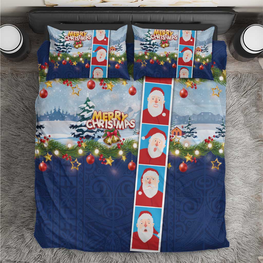 Merry Christmas Bedding Set Funny Santa Claus Cards Photo and Polynesian Pattern Blue Color LT03 Blue - Polynesian Pride
