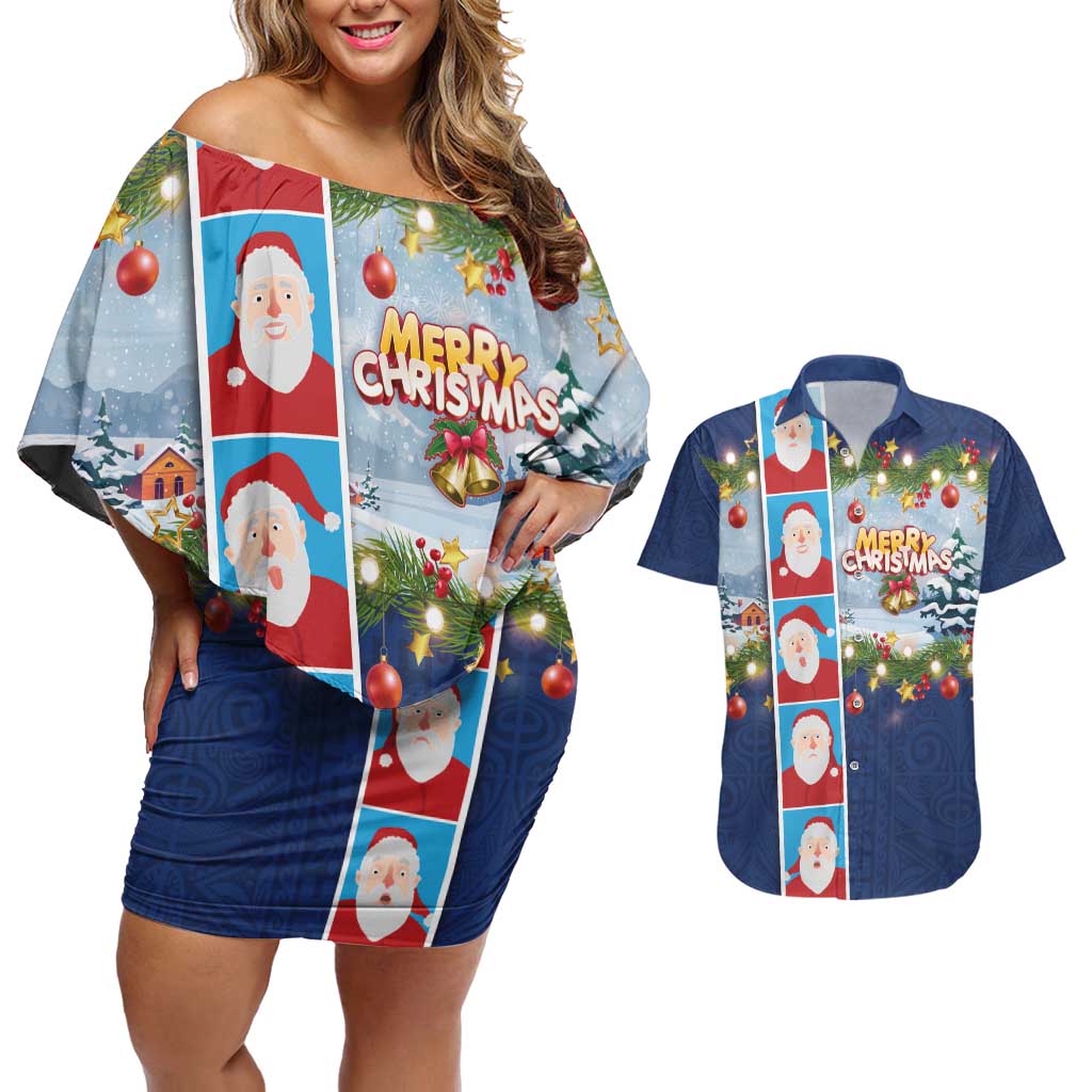 Merry Christmas Couples Matching Off Shoulder Short Dress and Hawaiian Shirt Funny Santa Claus Cards Photo and Polynesian Pattern Blue Color