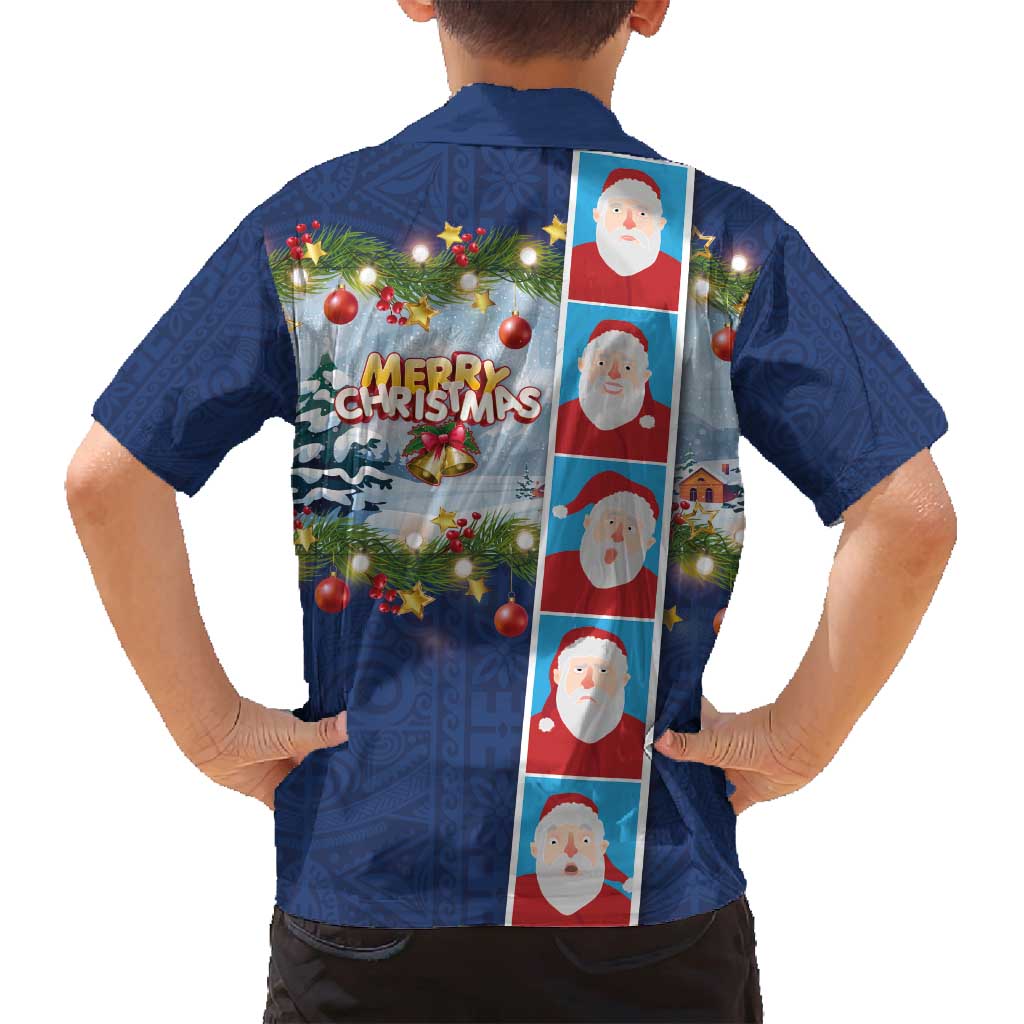 Merry Christmas Family Matching Long Sleeve Bodycon Dress and Hawaiian Shirt Funny Santa Claus Cards Photo and Polynesian Pattern Blue Color