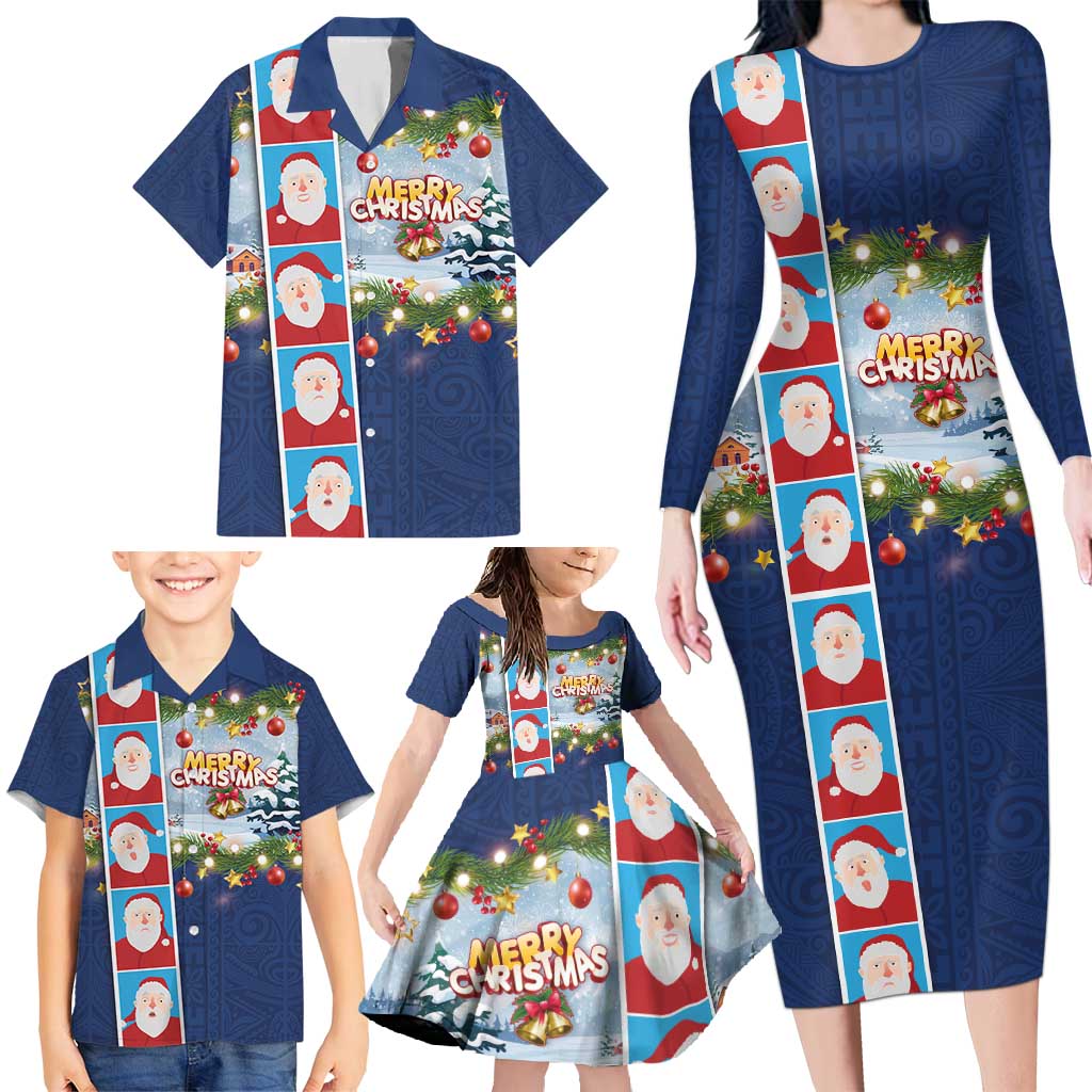 Merry Christmas Family Matching Long Sleeve Bodycon Dress and Hawaiian Shirt Funny Santa Claus Cards Photo and Polynesian Pattern Blue Color