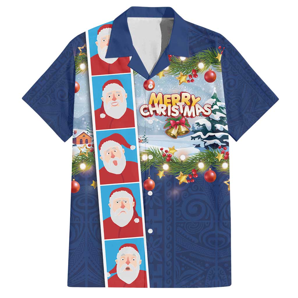 Merry Christmas Family Matching Long Sleeve Bodycon Dress and Hawaiian Shirt Funny Santa Claus Cards Photo and Polynesian Pattern Blue Color
