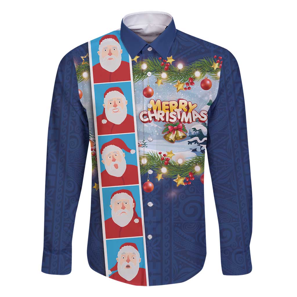 Merry Christmas Family Matching Mermaid Dress and Hawaiian Shirt Funny Santa Claus Cards Photo and Polynesian Pattern Blue Color LT03 Dad's Shirt - Long Sleeve Blue - Polynesian Pride