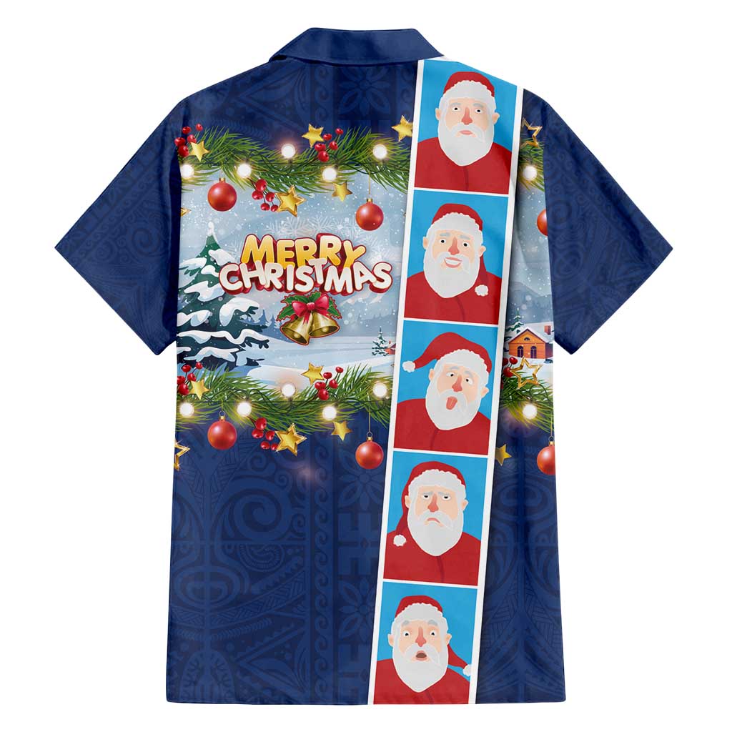 Merry Christmas Family Matching Off Shoulder Maxi Dress and Hawaiian Shirt Funny Santa Claus Cards Photo and Polynesian Pattern Blue Color