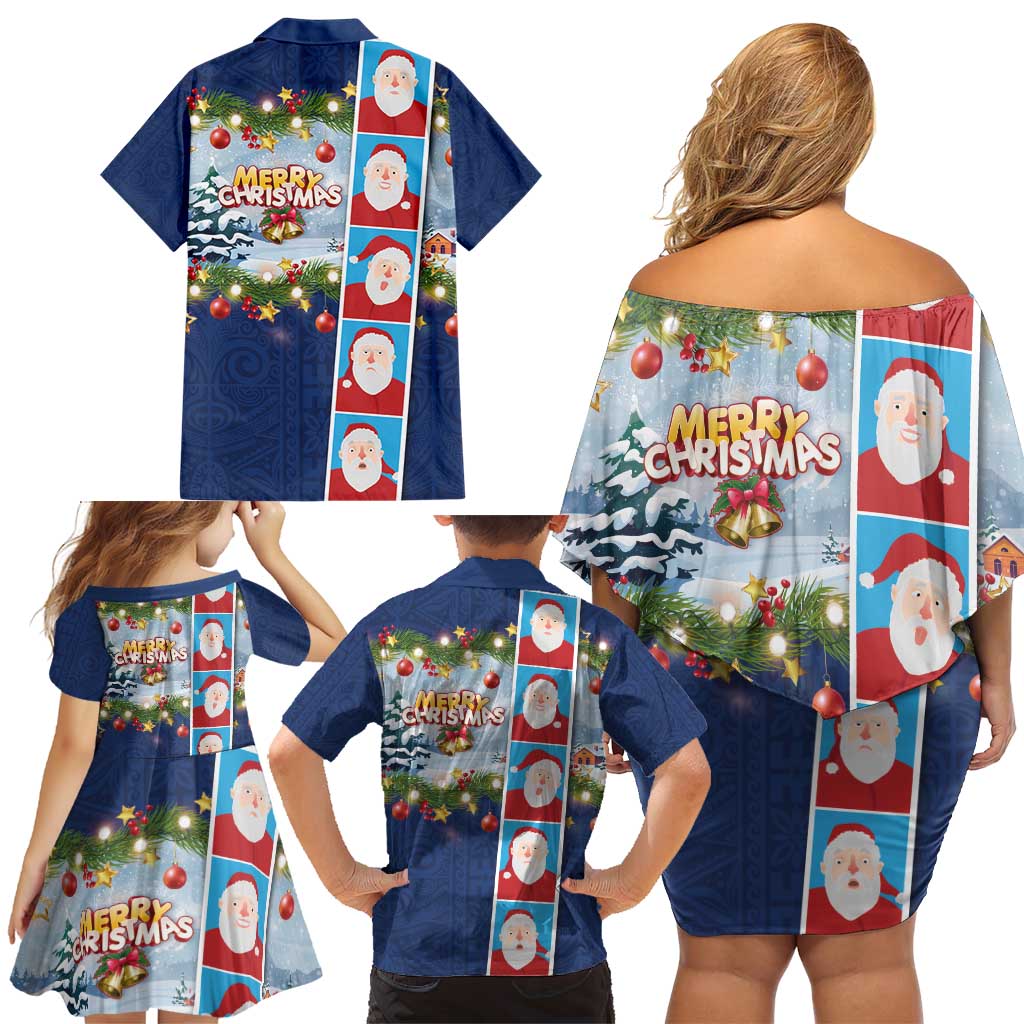 Merry Christmas Family Matching Off Shoulder Short Dress and Hawaiian Shirt Funny Santa Claus Cards Photo and Polynesian Pattern Blue Color