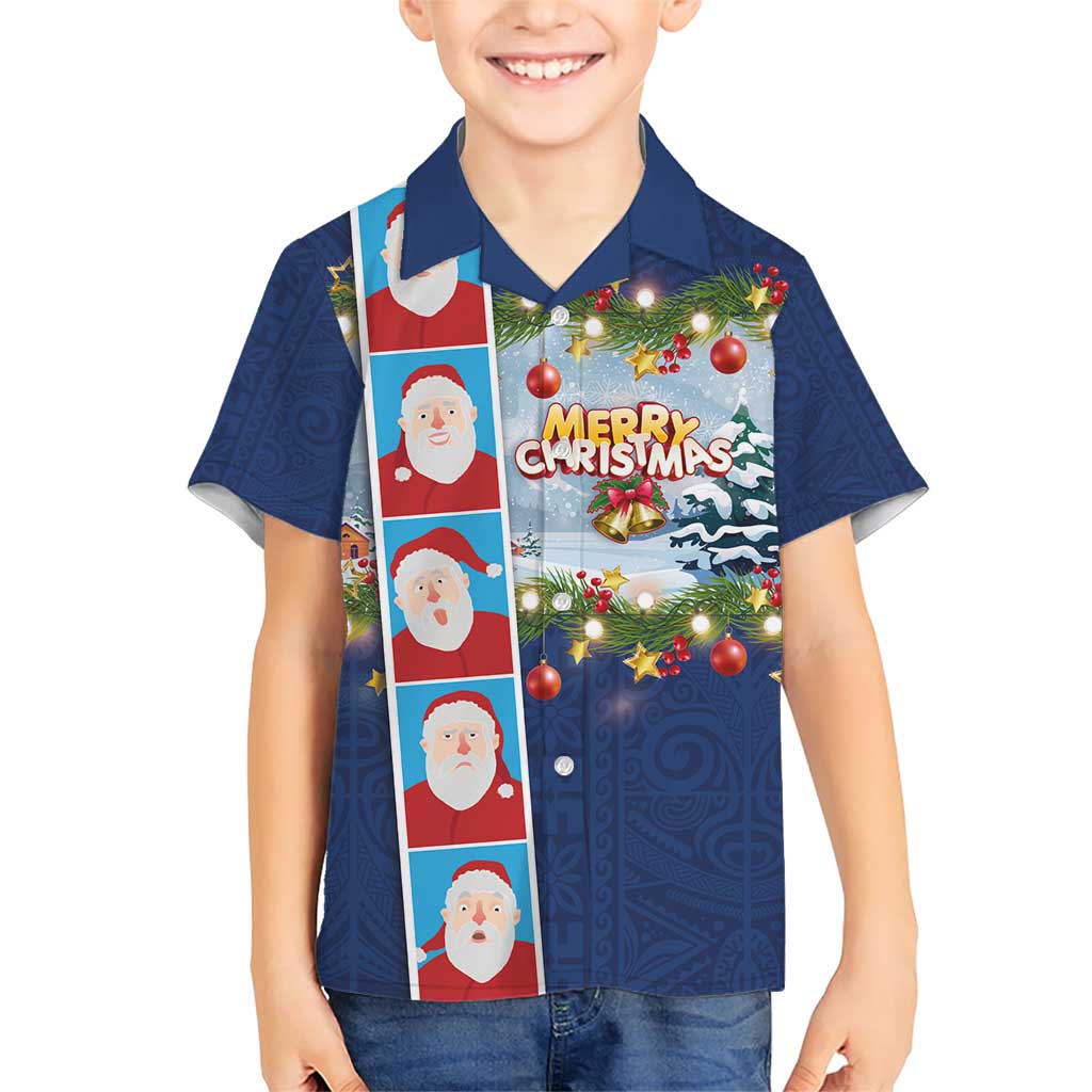 Merry Christmas Family Matching Short Sleeve Bodycon Dress and Hawaiian Shirt Funny Santa Claus Cards Photo and Polynesian Pattern Blue Color LT03 Son's Shirt Blue - Polynesian Pride
