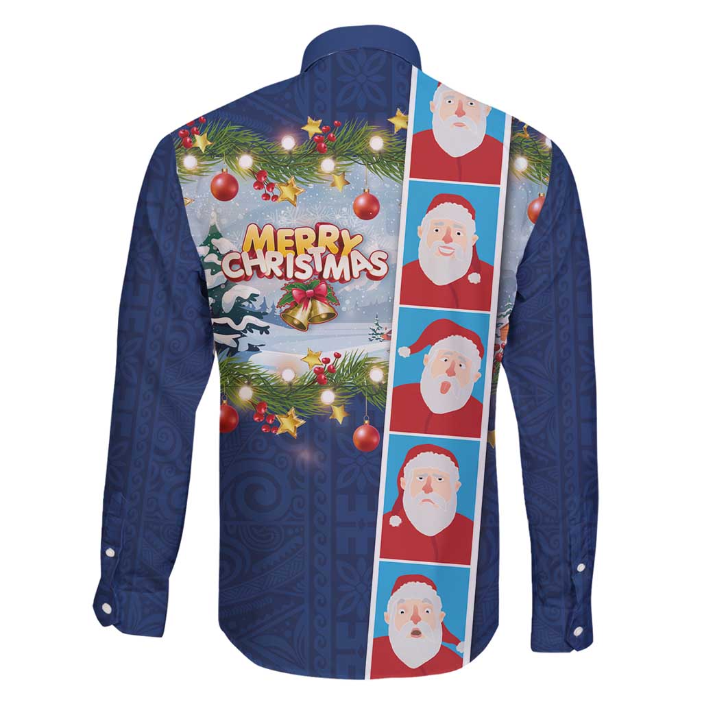 Merry Christmas Family Matching Summer Maxi Dress and Hawaiian Shirt Funny Santa Claus Cards Photo and Polynesian Pattern Blue Color