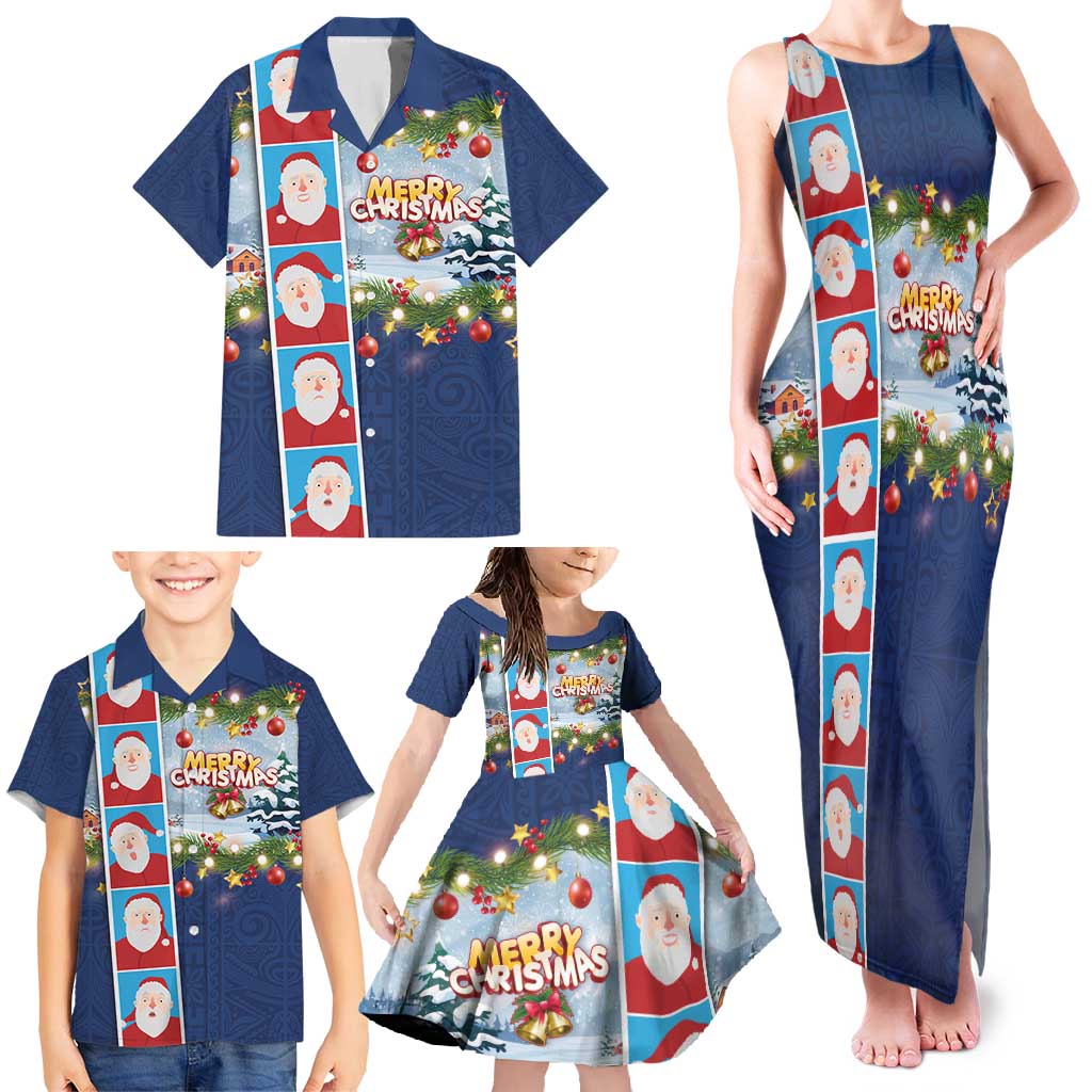Merry Christmas Family Matching Tank Maxi Dress and Hawaiian Shirt Funny Santa Claus Cards Photo and Polynesian Pattern Blue Color