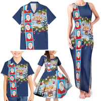 Merry Christmas Family Matching Tank Maxi Dress and Hawaiian Shirt Funny Santa Claus Cards Photo and Polynesian Pattern Blue Color