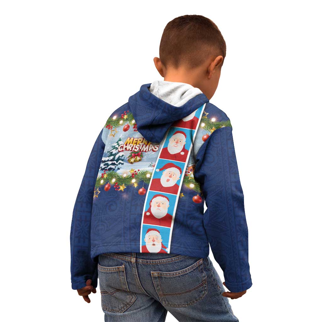 Merry Christmas Kid Hoodie Funny Santa Claus Cards Photo and Polynesian Pattern Blue Color