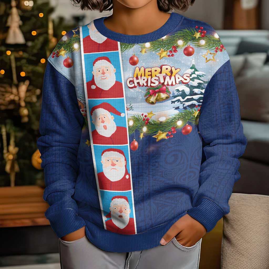 Merry Christmas Kid Ugly Christmas Sweater Funny Santa Claus Cards Photo and Polynesian Pattern Blue Color