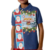 Merry Christmas Kid Polo Shirt Funny Santa Claus Cards Photo and Polynesian Pattern Blue Color