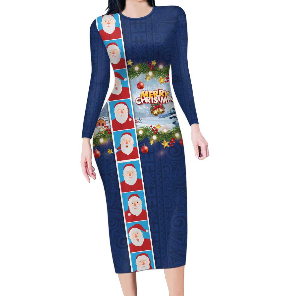 Merry Christmas Long Sleeve Bodycon Dress Funny Santa Claus Cards Photo and Polynesian Pattern Blue Color LT03 Long Dress Blue - Polynesian Pride