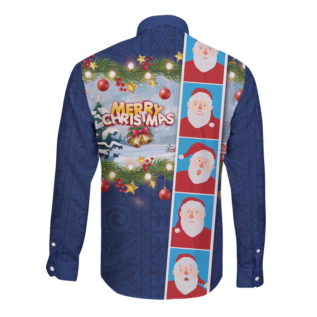 Merry Christmas Long Sleeve Button Shirt Funny Santa Claus Cards Photo and Polynesian Pattern Blue Color