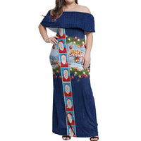 Merry Christmas Off Shoulder Maxi Dress Funny Santa Claus Cards Photo and Polynesian Pattern Blue Color