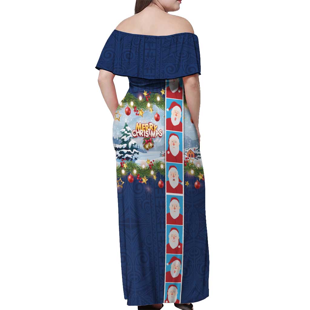 Merry Christmas Off Shoulder Maxi Dress Funny Santa Claus Cards Photo and Polynesian Pattern Blue Color