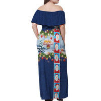 Merry Christmas Off Shoulder Maxi Dress Funny Santa Claus Cards Photo and Polynesian Pattern Blue Color