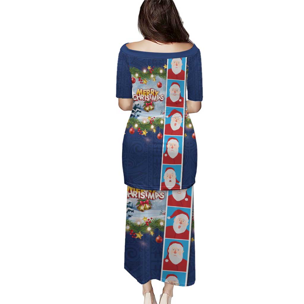 Merry Christmas Puletasi Funny Santa Claus Cards Photo and Polynesian Pattern Blue Color