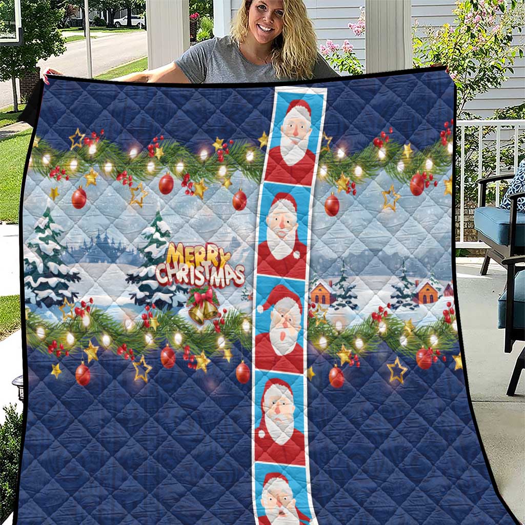 Merry Christmas Quilt Funny Santa Claus Cards Photo and Polynesian Pattern Blue Color LT03 Blue - Polynesian Pride