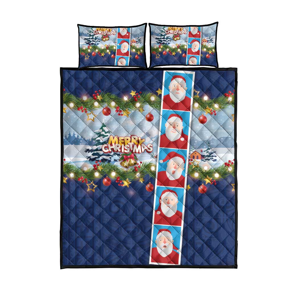 Merry Christmas Quilt Bed Set Funny Santa Claus Cards Photo and Polynesian Pattern Blue Color LT03
