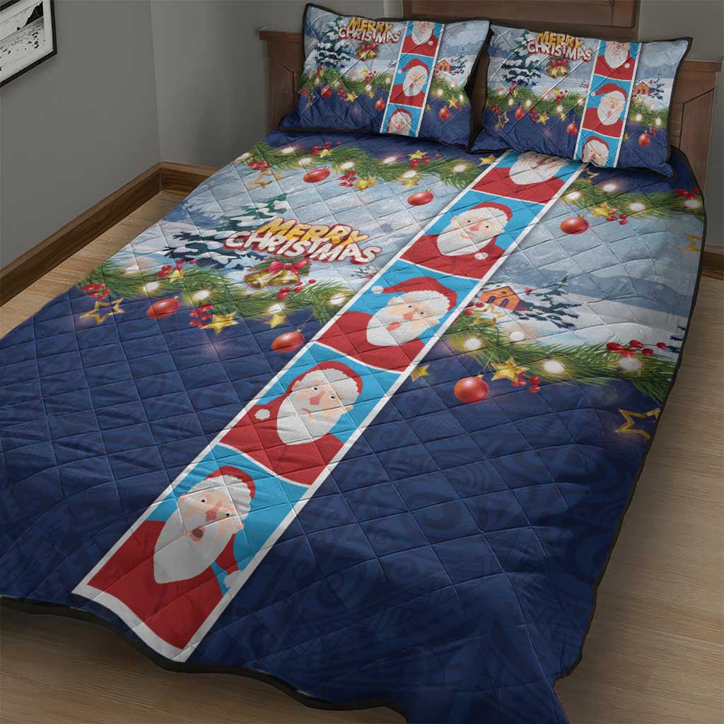 Merry Christmas Quilt Bed Set Funny Santa Claus Cards Photo and Polynesian Pattern Blue Color LT03
