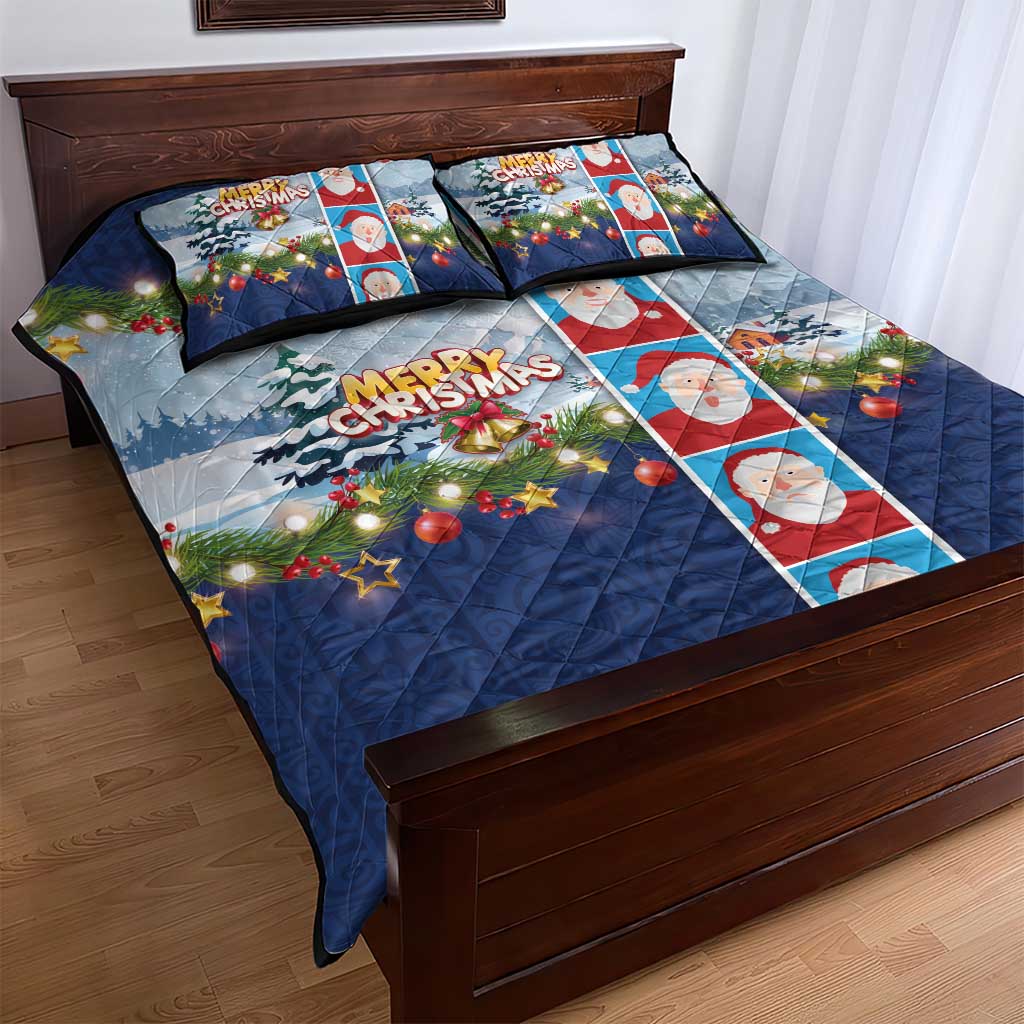 Merry Christmas Quilt Bed Set Funny Santa Claus Cards Photo and Polynesian Pattern Blue Color LT03