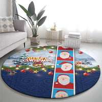 Merry Christmas Round Carpet Funny Santa Claus Cards Photo and Polynesian Pattern Blue Color LT03