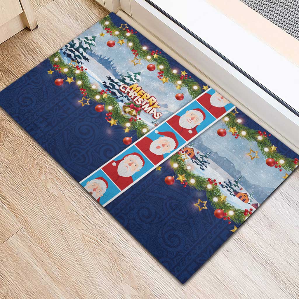 Merry Christmas Rubber Doormat Funny Santa Claus Cards Photo and Polynesian Pattern Blue Color LT03