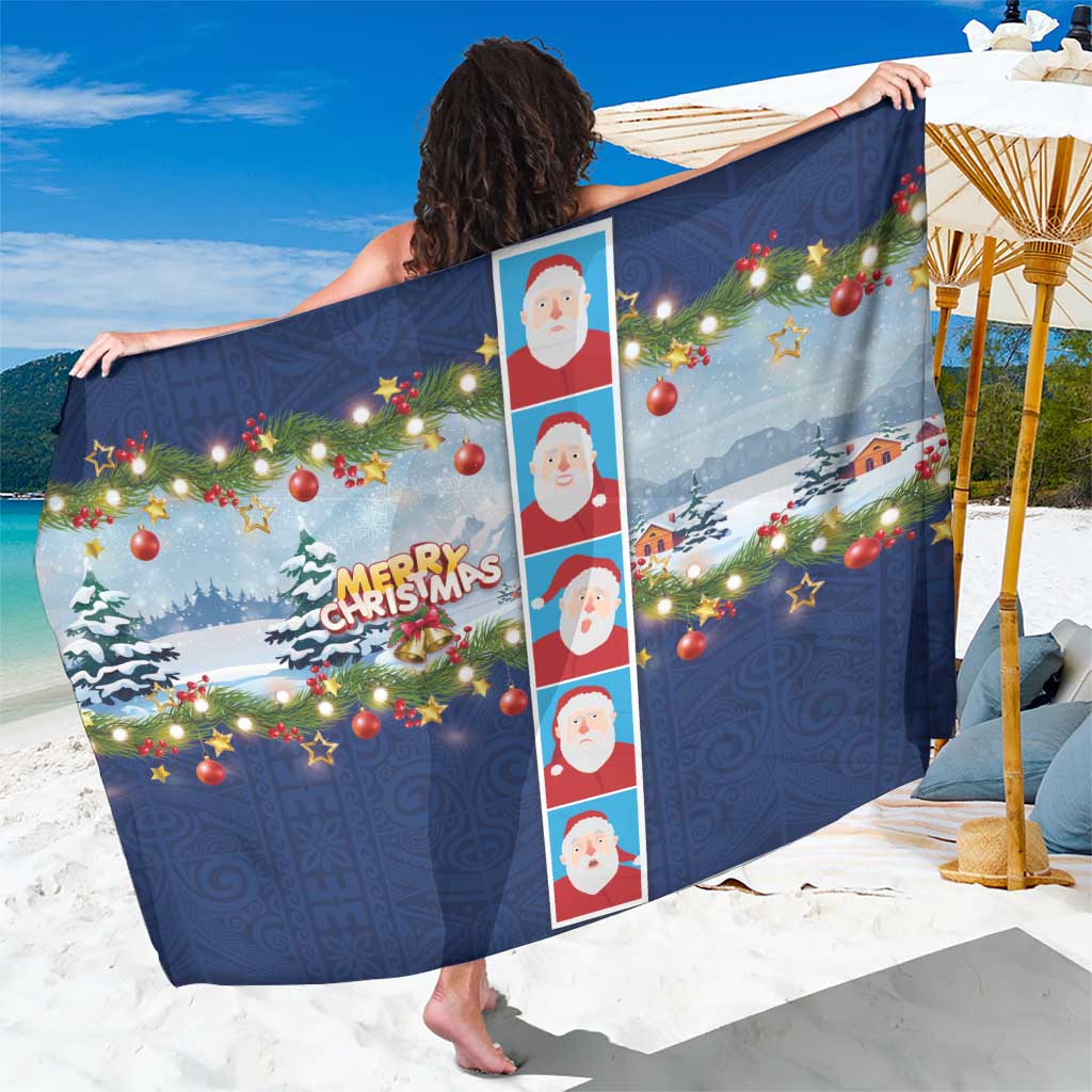 Merry Christmas Sarong Funny Santa Claus Cards Photo and Polynesian Pattern Blue Color LT03 One Size 44 x 66 inches Blue - Polynesian Pride