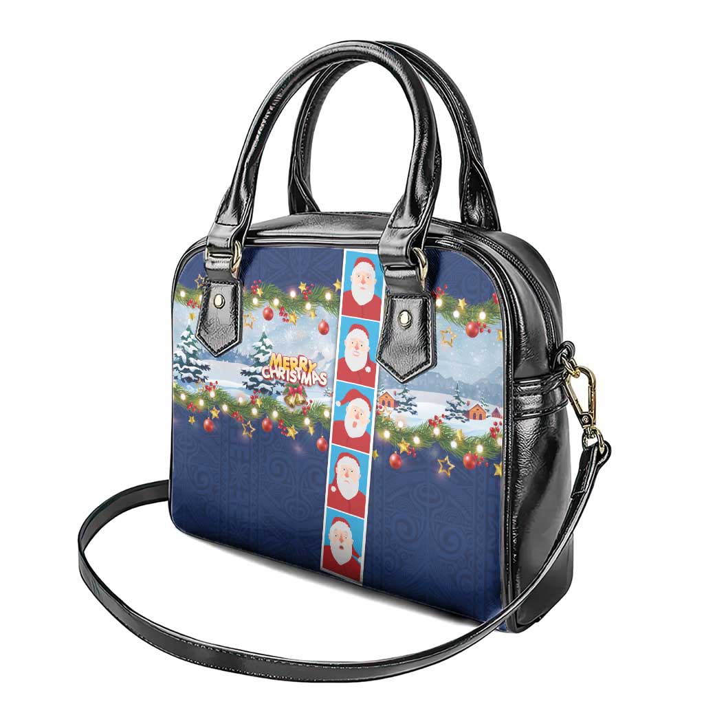 Merry Christmas Shoulder Handbag Funny Santa Claus Cards Photo and Polynesian Pattern Blue Color LT03