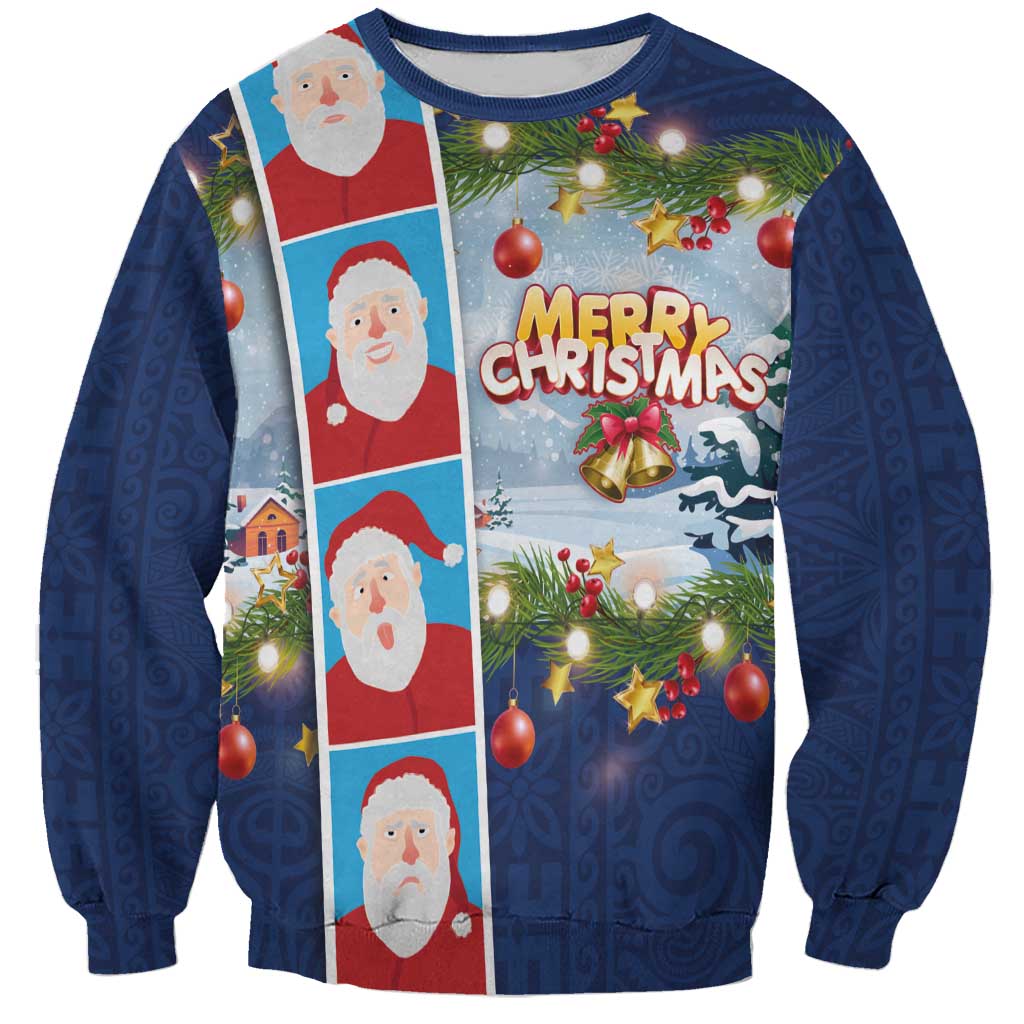 Merry Christmas Sweatshirt Funny Santa Claus Cards Photo and Polynesian Pattern Blue Color