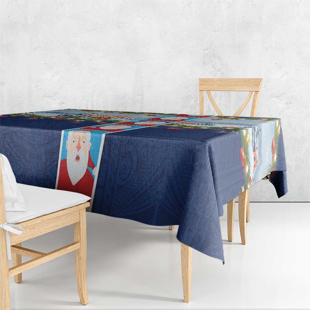 Merry Christmas Tablecloth Funny Santa Claus Cards Photo and Polynesian Pattern Blue Color LT03