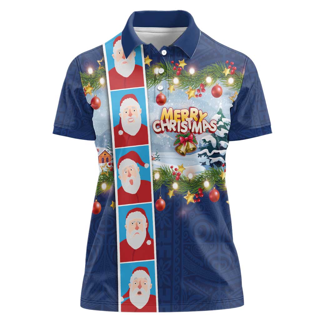 Merry Christmas Women Polo Shirt Funny Santa Claus Cards Photo and Polynesian Pattern Blue Color