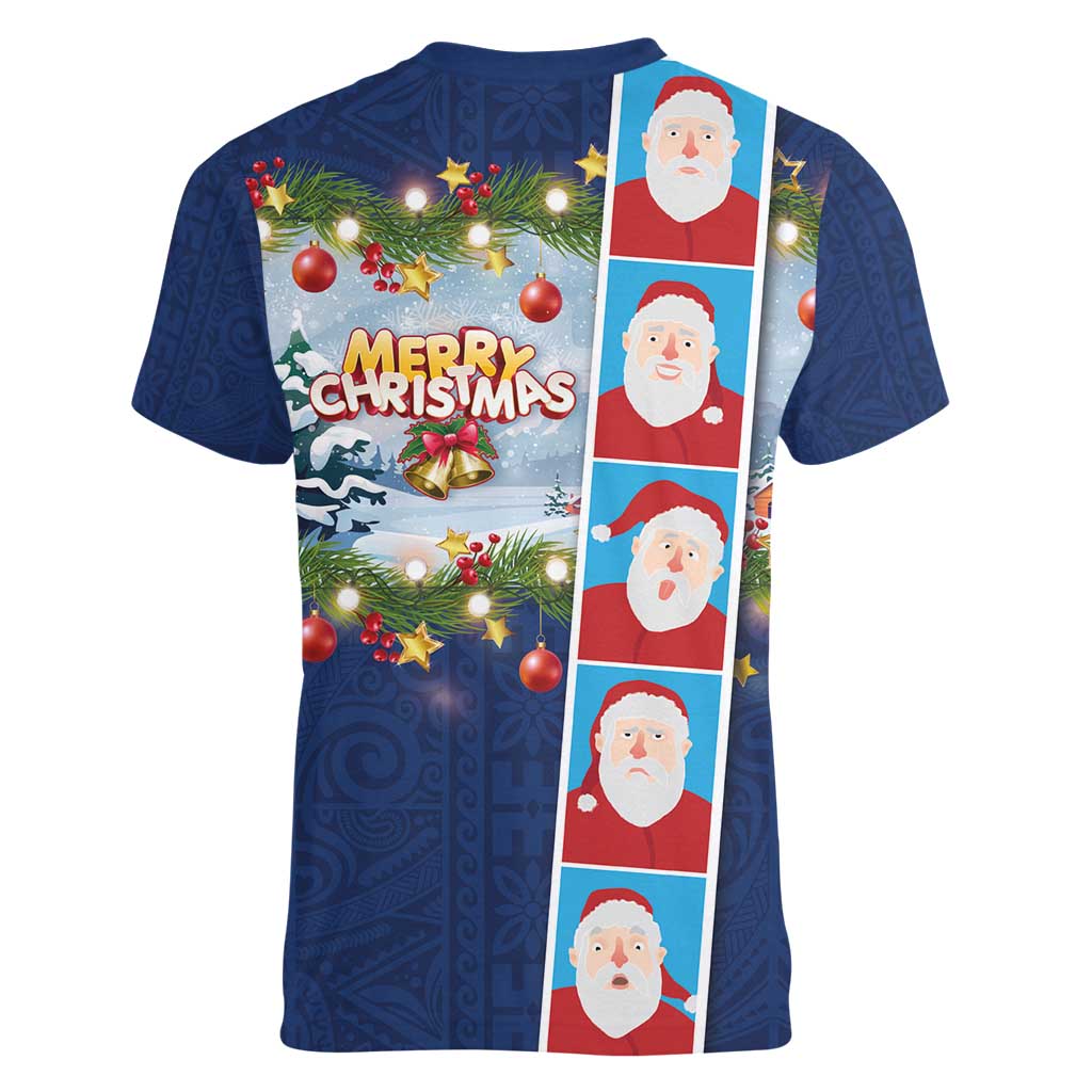 Merry Christmas Women V-Neck T-Shirt Funny Santa Claus Cards Photo and Polynesian Pattern Blue Color