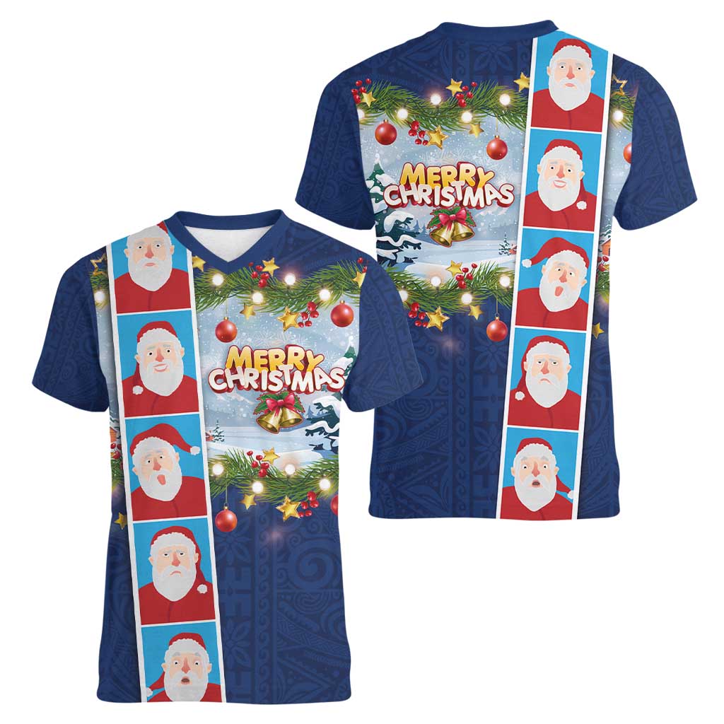 Merry Christmas Women V-Neck T-Shirt Funny Santa Claus Cards Photo and Polynesian Pattern Blue Color