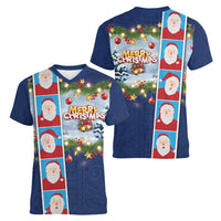 Merry Christmas Women V-Neck T-Shirt Funny Santa Claus Cards Photo and Polynesian Pattern Blue Color