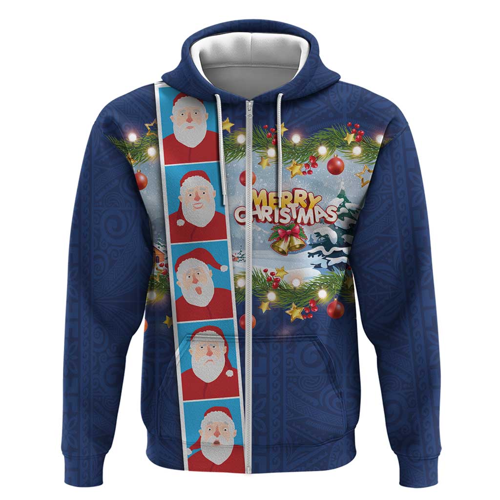 Merry Christmas Zip Hoodie Funny Santa Claus Cards Photo and Polynesian Pattern Blue Color LT03 Zip Hoodie Blue - Polynesian Pride