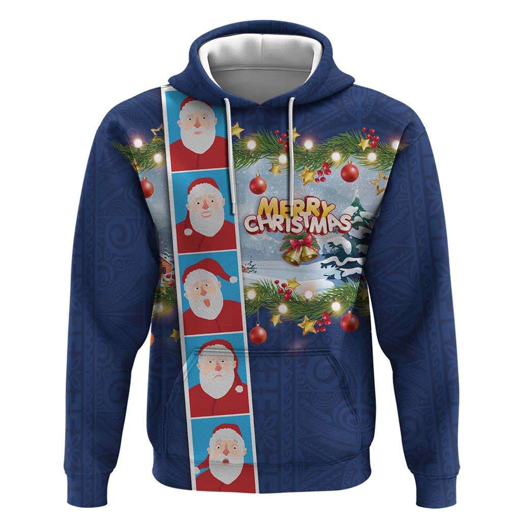 Merry Christmas Zip Hoodie Funny Santa Claus Cards Photo and Polynesian Pattern Blue Color LT03 Pullover Hoodie Blue - Polynesian Pride