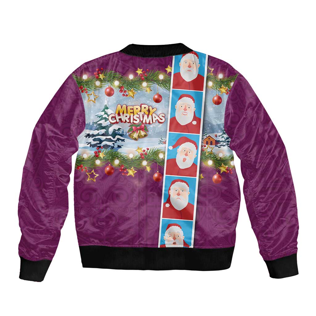 Merry Christmas Bomber Jacket Funny Santa Claus Cards Photo and Polynesian Pattern Pink Color