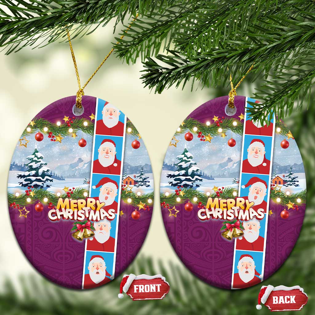 Merry Christmas Ceramic Ornament Funny Santa Claus Cards Photo and Polynesian Pattern Pink Color