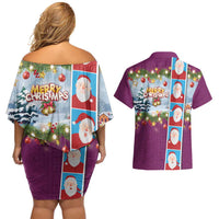 Merry Christmas Couples Matching Off Shoulder Short Dress and Hawaiian Shirt Funny Santa Claus Cards Photo and Polynesian Pattern Pink Color